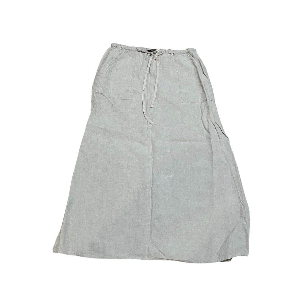 Eddie Bauer Women's Large Oatmeal Beige 100% Linen Drawstring Maxi Skirt Pockets